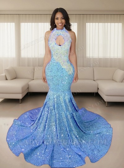 Blue Halter Sequins Long Mermaid Prom Dresses 2025