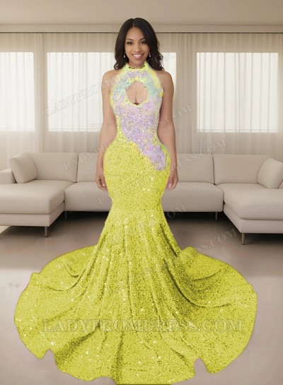 Daffodil Halter Sequins Long Mermaid Prom Dresses 2025