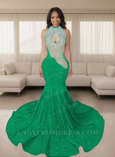 Emerald Halter Sequins Long Mermaid Prom Dresses 2025
