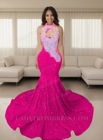 Fuchsia Halter Sequins Long Mermaid Prom Dresses 2025