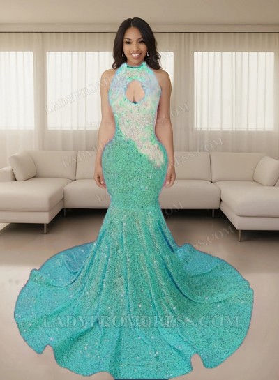 Mint Green Halter Sequins Long Mermaid Prom Dresses 2025