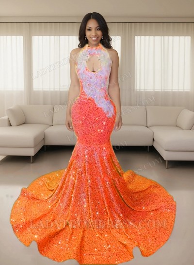 Orange Halter Sequins Long Mermaid Prom Dresses 2025