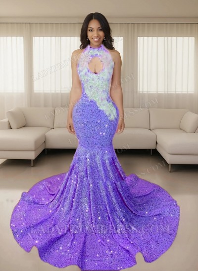 Purple Halter Sequins Long Mermaid Prom Dresses 2025