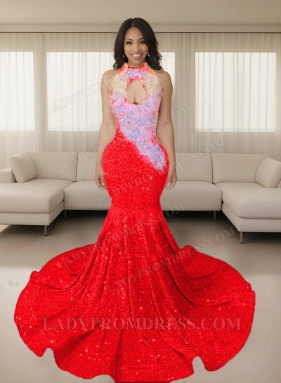 Red Halter Sequins Long Mermaid Prom Dresses 2025