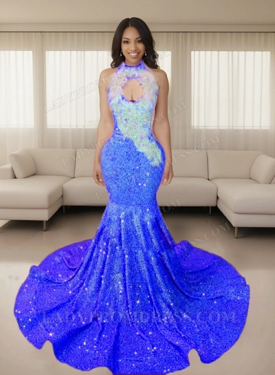 Royal Blue Halter Sequins Long Mermaid Prom Dresses 2025