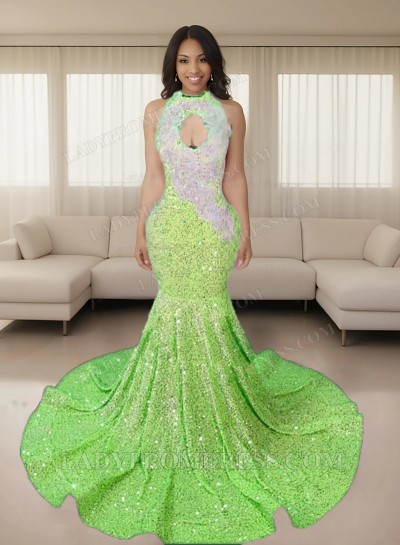 Sage Halter Sequins Long Mermaid Prom Dresses 2025