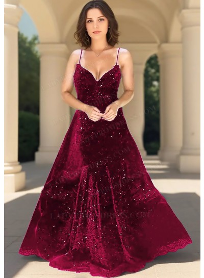 Burgundy Sequin Spaghetti Strap Ball Gown Prom Dress - Elegant Evening Style