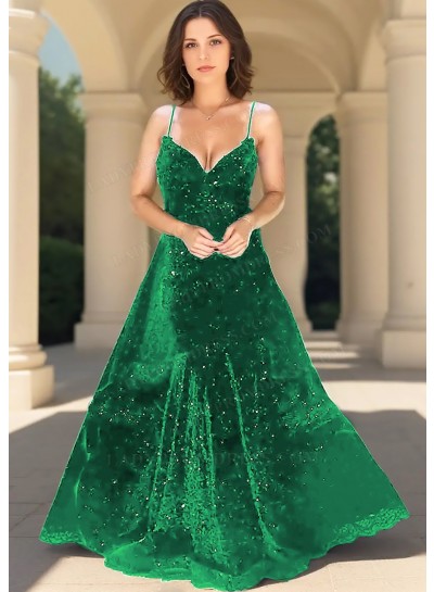 Emerald Sequin Spaghetti Strap Ball Gown Prom Dress - Elegant Evening Style