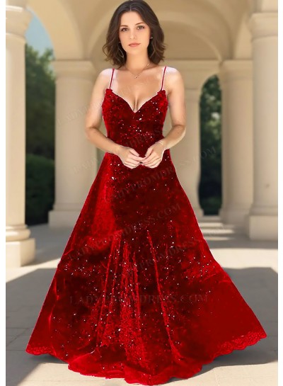 Red Sequin Spaghetti Strap Ball Gown Prom Dress - Elegant Evening Style