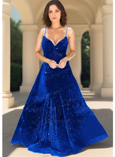 Royal Blue Sequin Spaghetti Strap Ball Gown Prom Dress - Elegant Evening Style