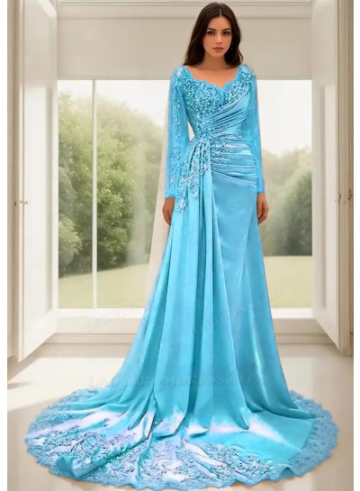 Blue A-Line Long Sleeves Satin Prom Dresses with Lace Appliques