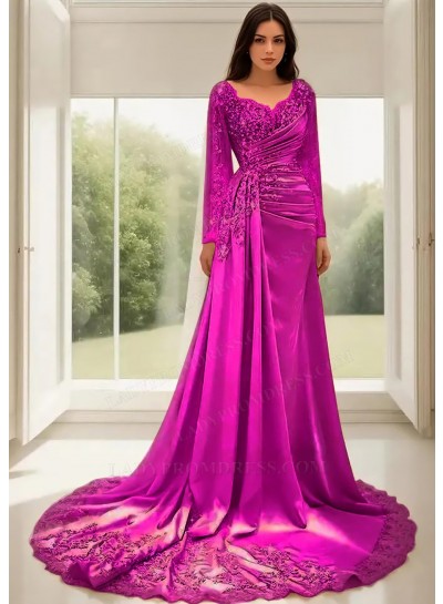 Fuchsia A-Line Long Sleeves Satin Prom Dresses with Lace Appliques