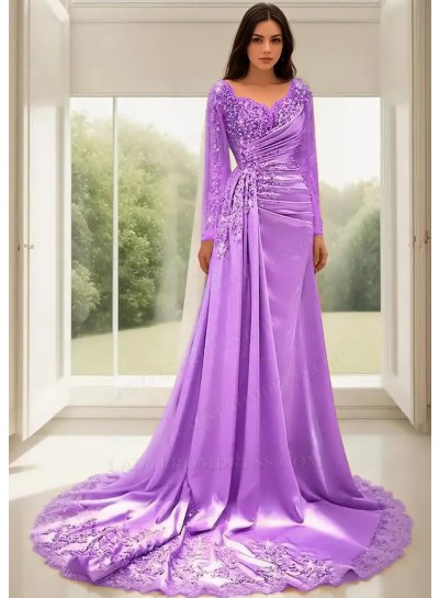 Lilac A-Line Long Sleeves Satin Prom Dresses with Lace Appliques