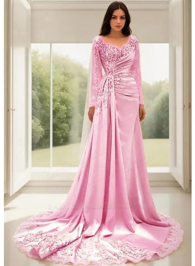 Pale Pink A-Line Long Sleeves Satin Prom Dresses with Lace Appliques