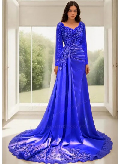 Royal Blue A-Line Long Sleeves Satin Prom Dresses with Lace Appliques