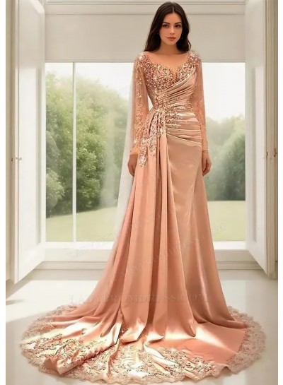 A-Line Champagne Long Sleeves Satin Prom Dresses with Lace Appliques