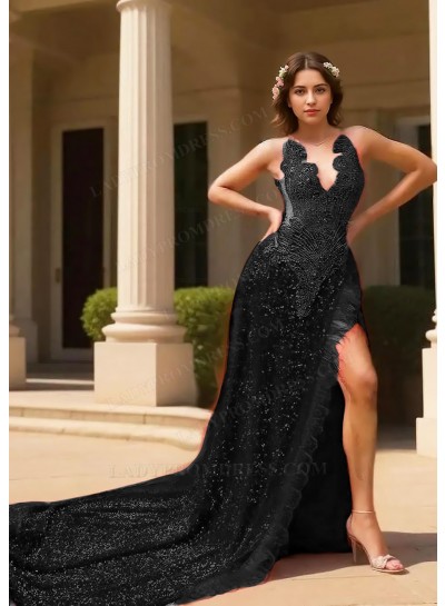 Black Halter Sequins High Slit A-line Prom Dresses with Feathers