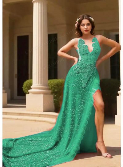 Emerald Halter Sequins High Slit A-line Prom Dresses with Feathers