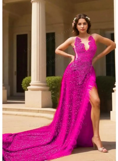 Fuchsia Halter Sequins High Slit A-line Prom Dresses with Feathers