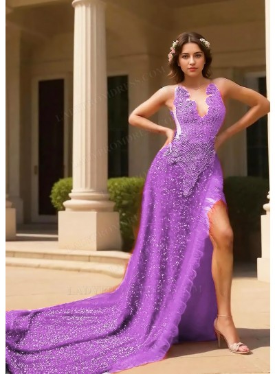 Lilac Halter Sequins High Slit A-line Prom Dresses with Feathers