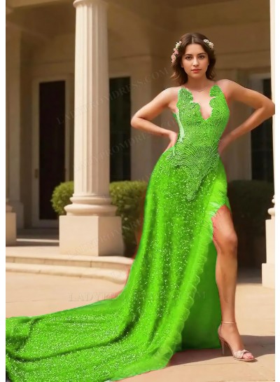 Lime Green Halter Sequins High Slit A-line Prom Dresses with Feathers