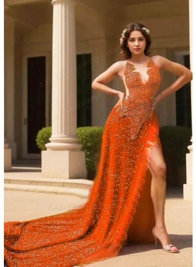 Orange Halter Sequins High Slit A-line Prom Dresses with Feathers