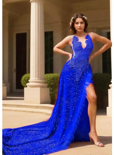 Royal Blue Halter Sequins High Slit A-line Prom Dresses with Feathers