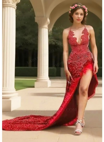 Red Halter Sequins High Slit A-line Prom Dresses with Feathers