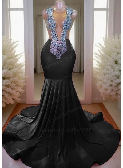 Black V-neck Mermaid Prom Dresses with Rhinestone Beaded