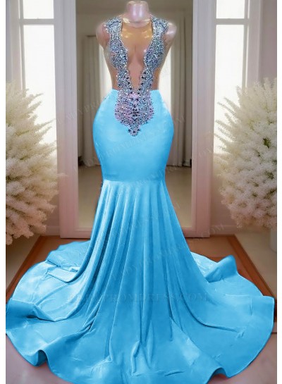 Blue V-neck Mermaid Prom Dresses with Rhinestone Beaded
