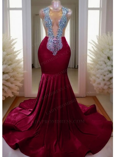 Burgundy V-neck Mermaid Prom Dresses with Rhinestone Beaded