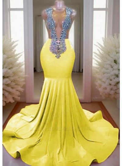 Daffodil V-neck Mermaid Prom Dresses with Rhinestone Beaded