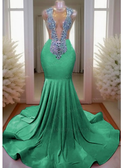 Emerald V-neck Mermaid Prom Dresses with Rhinestone Beaded