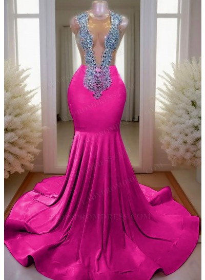 Fuchsia V-neck Mermaid Prom Dresses with Rhinestone Beaded