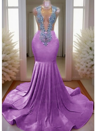 Lilac V-neck Mermaid Prom Dresses with Rhinestone Beaded