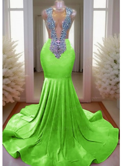 Lime Green V-neck Mermaid Prom Dresses with Rhinestone Beaded
