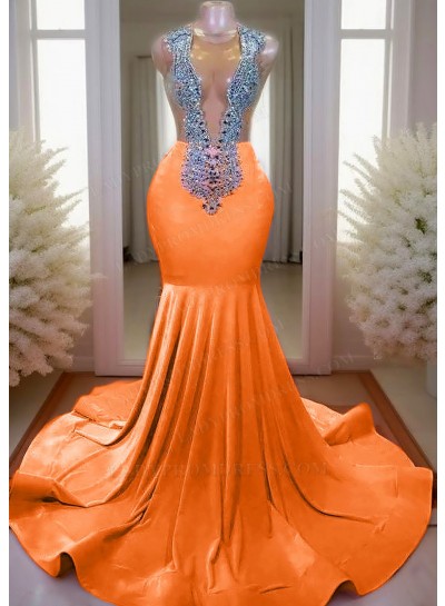 Orange V-neck Mermaid Prom Dresses with Rhinestone Beaded