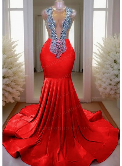 Red V-neck Mermaid Prom Dresses with Rhinestone Beaded