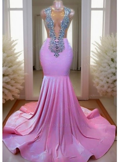 Pink V-neck Mermaid Prom Dresses with Rhinestone Beaded