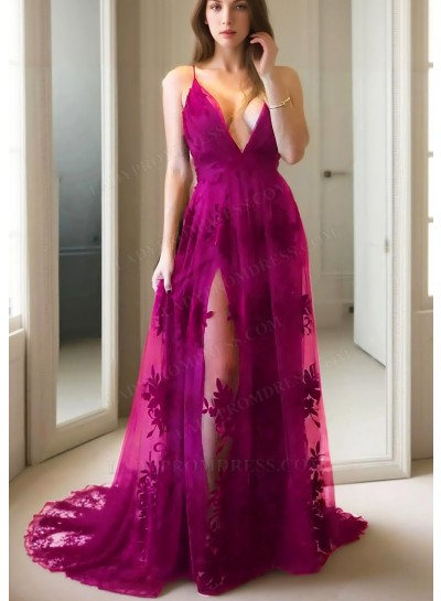 Fuchsia Spaghetti Straps Sheer Lace Prom Dresses with Appliques