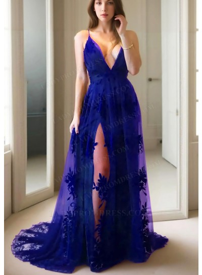 Royal Blue Spaghetti Straps Sheer Lace Prom Dresses with Appliques