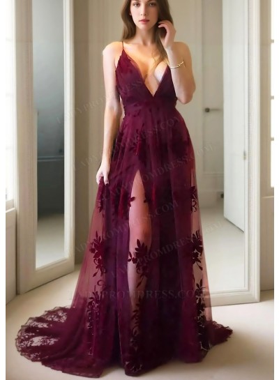 Burgundy Spaghetti Straps Sheer Lace Prom Dresses with Appliques