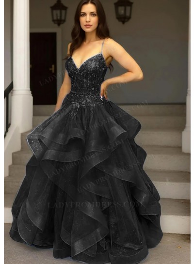 Black Spaghetti Straps Layered Tulle Ball Gown Prom Dress with Appliques