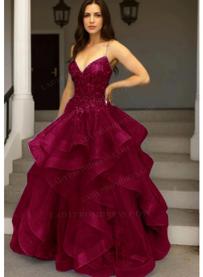Burgundy Spaghetti Straps Layered Tulle Ball Gown Prom Dress with Appliques