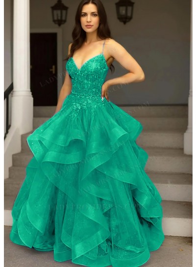 Emerald Spaghetti Straps Layered Tulle Ball Gown Prom Dress with Appliques