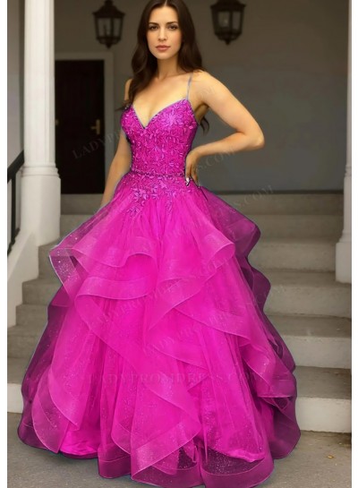 Fuchsia Spaghetti Straps Layered Tulle Ball Gown Prom Dress with Appliques