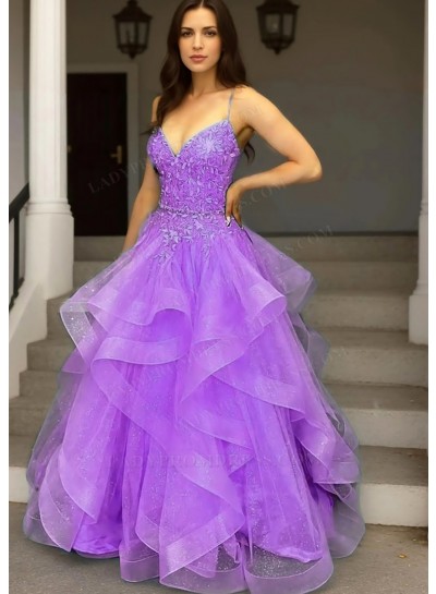 Lilac Spaghetti Straps Layered Tulle Ball Gown Prom Dress with Appliques