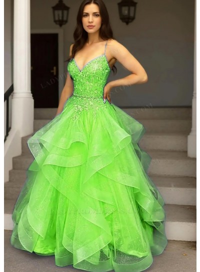 Lime Green Spaghetti Straps Layered Tulle Ball Gown Prom Dress with Appliques