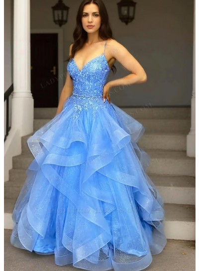 Blue Spaghetti Straps Layered Tulle Ball Gown Prom Dress with Appliques