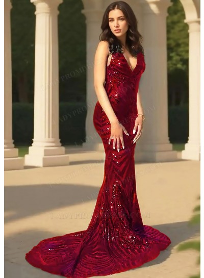 Burgundy V-Neck Sequined Mermaid Prom Dresses